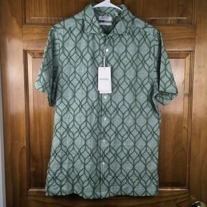 Murano Baird McNutt Mens Slim Fit Linen Short Sleeve Shirt Green Geometric M